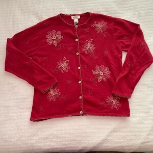 PL Talbots Red Cardigan with Floral Embroidery